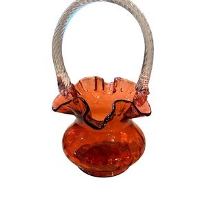Vintage Fenton Cranberry Art Glass Basket - Ruffled Rim, Twisted Clear Handle 9”